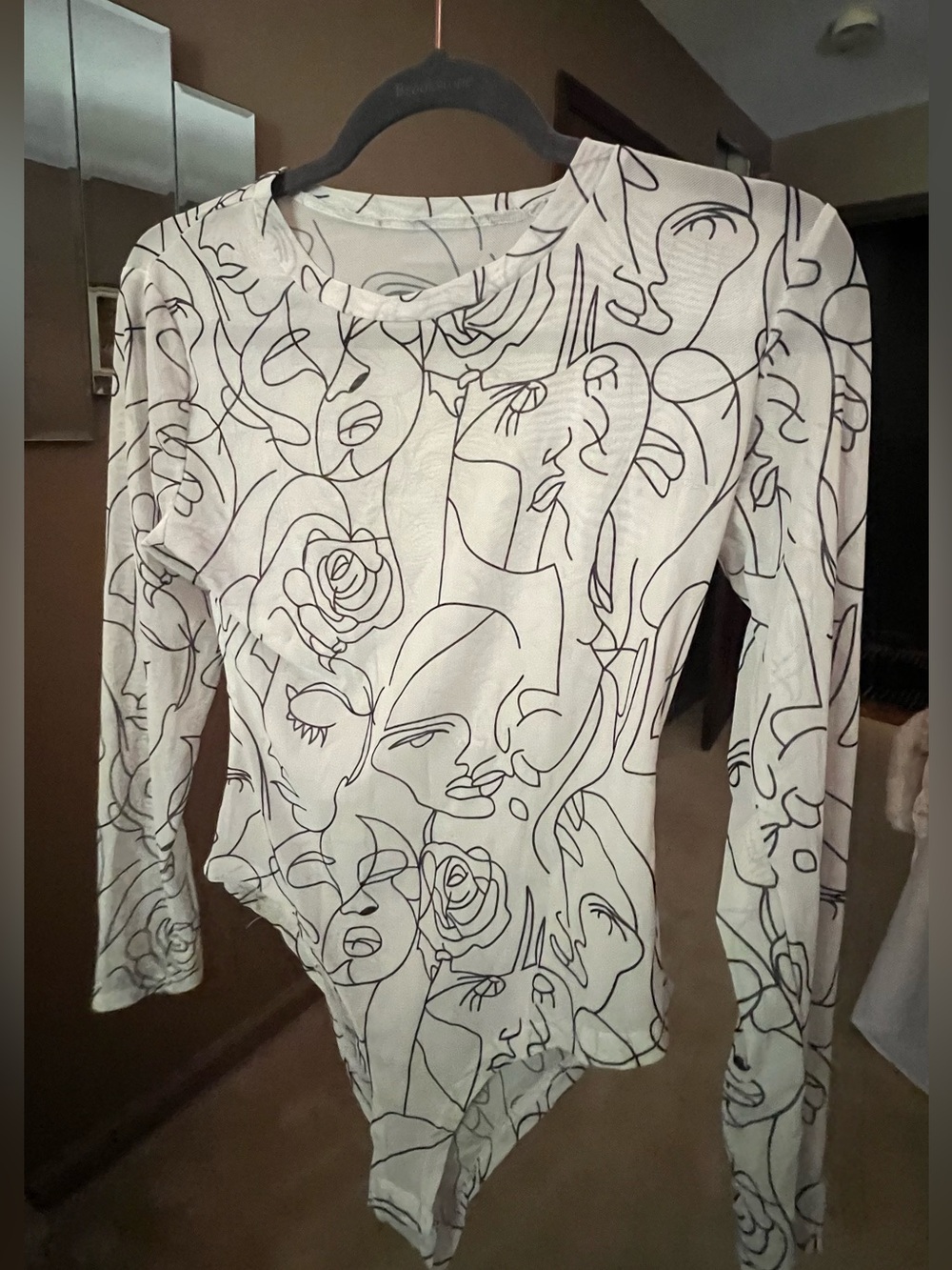 Abstract Line Art Long-Sleeve Bodysuit - White/Black